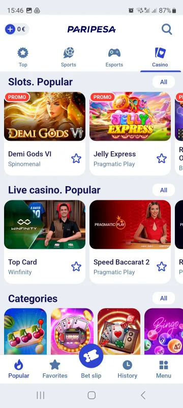 Paripesa casino offering