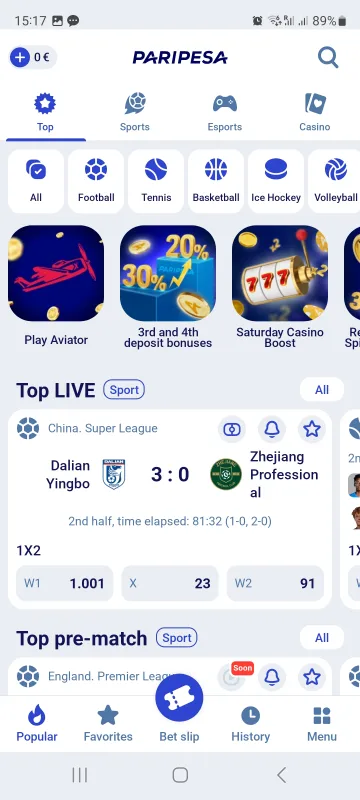 Paripesa home screen after you log in
